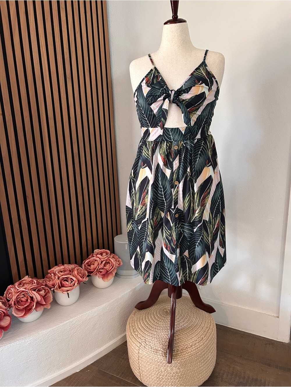 Tropical Leaf Print Tie-Front Sundress - Black/Green